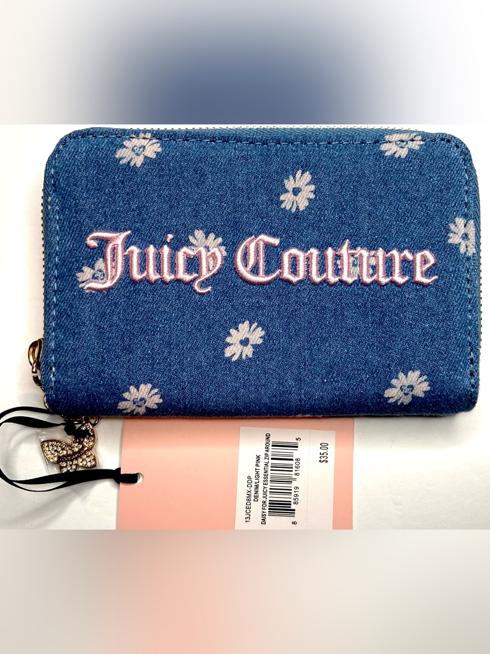 Juicy Couture Denim Blue Floral Zip-Around Wallet